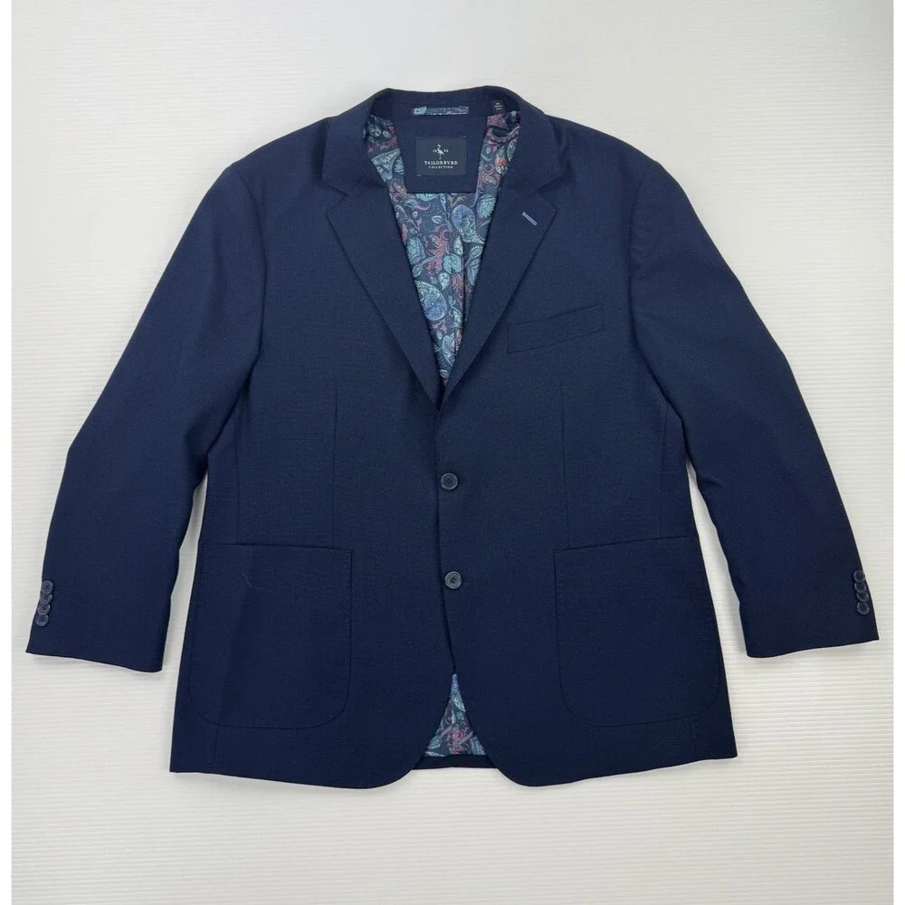 Tailorbyrd Collection Mens 46R Navy Blue Stretch Blazer Paisley Lining NWOT